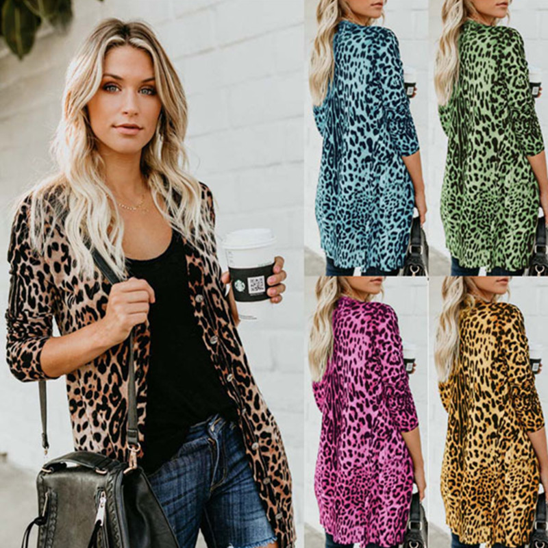 eopard Printed Kimono Cardigan Coat Button Womens Spring&Autumn Jacket Long Sleeve Up Slim Vintage Long Coats Female Outerwear 201007