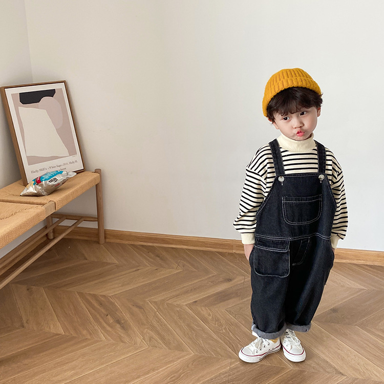 Autumn boys loose casual black denim overalls Children all-match wide leg suspender trousers 201128