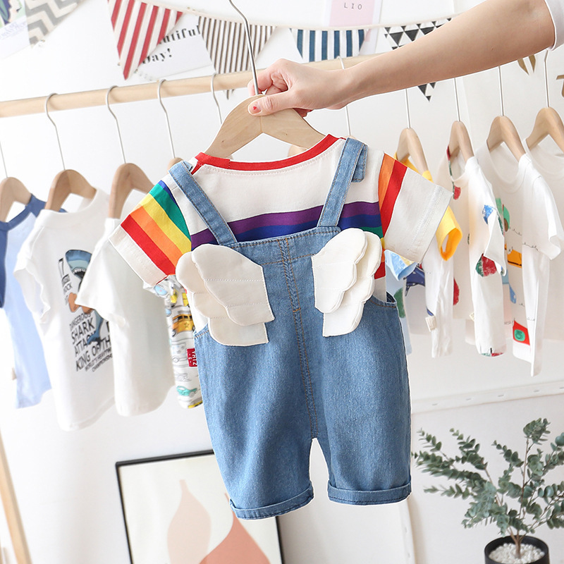 New Toddler Baby Boys Girls Clothing Sets 2Pcs T-shirts+Wing Overalls Rainbow Print Children's T shirt Clothes Fashion Kids SetsX1019