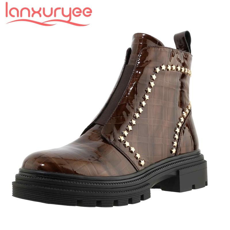 Lanxuryee winter boots cow patent leather stone pattern rivet decorations round toe thick high heel slip on star ankle boots L37, Black
Lanxuryee winter boots cow patent leather stone pattern rivet decorations round toe thick high heel slip on star ankle boots L37, Black