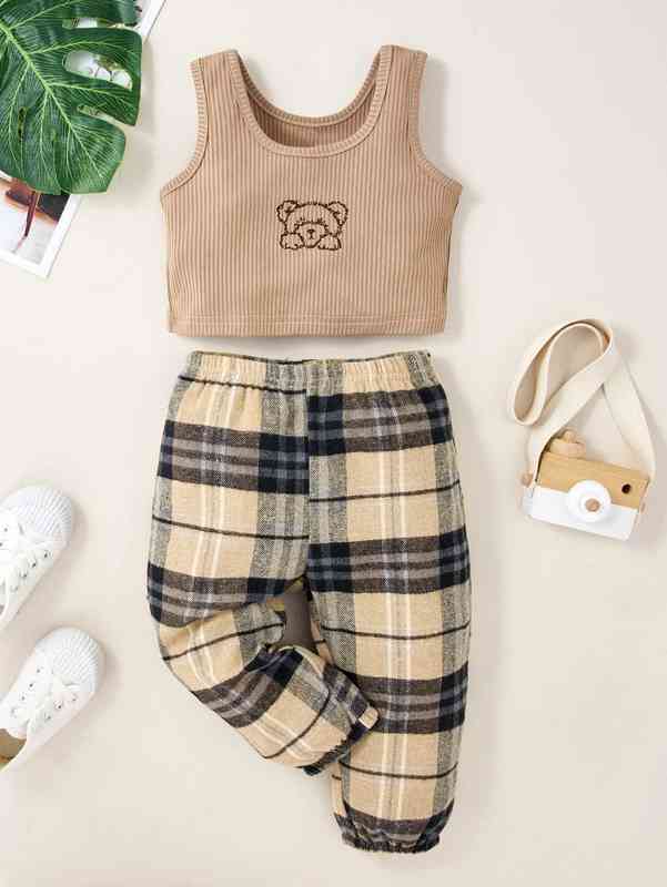 Baby Bear Embroidery Tank Top & Plaid Pants SHE