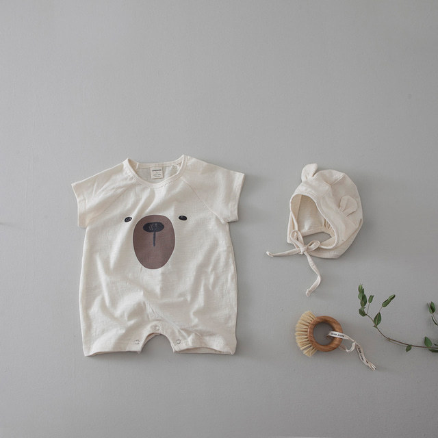 Baby boys girls cartoon bear cute short sleeve romper with cap 0-2 years infant kids cotton jumpsuits 201028