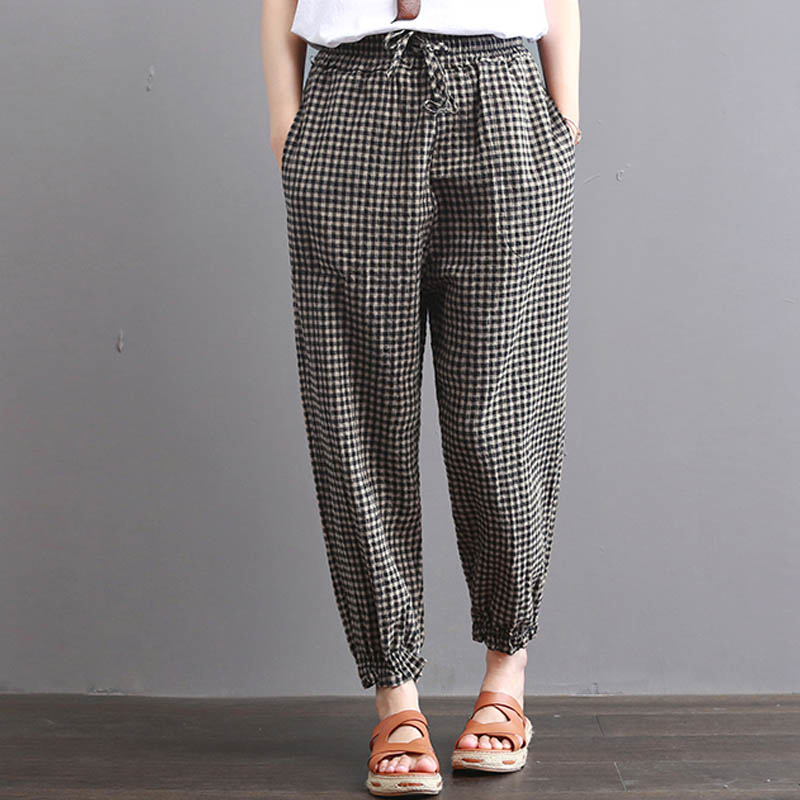 S-5XL 2019 Celima Women Plaid Check Elastic Waist Retro Cotton Linen Retro Turnip Harem Pants Pockets Loose Long Pencil Trousers T200319