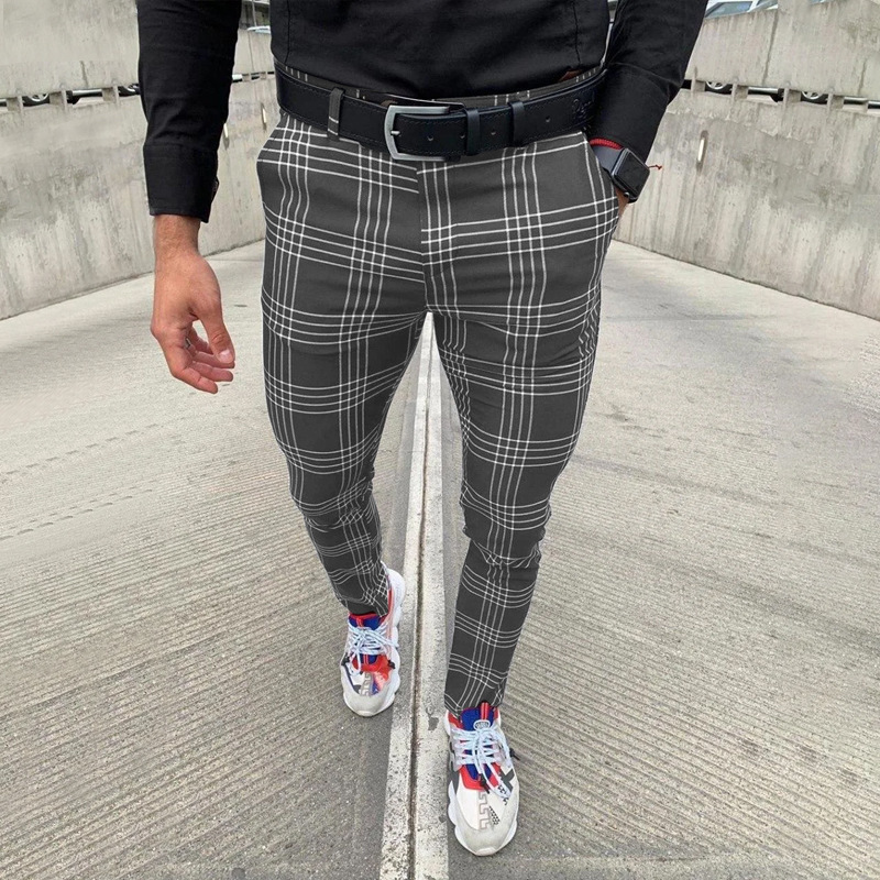 Men's Casual Pants Plaid Social Slim Fit Black Trousers Zipper Mid Waist Skinny Business Office Work Party Male Summer Stretchy 201125