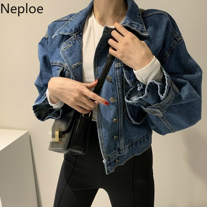 Neploe Ladies Denim Jacket Women Harajuku Vintage Jean Coat Streetwear Basic Outerwear Washed Blue Jeans Bomber 1A805 201017