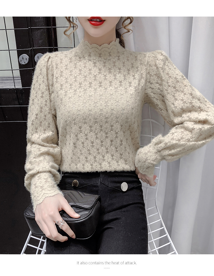 Autumn New design womens stand collar long sleeve hollow out thickening lace lantern sleeve shirt tops plus size SMLXL