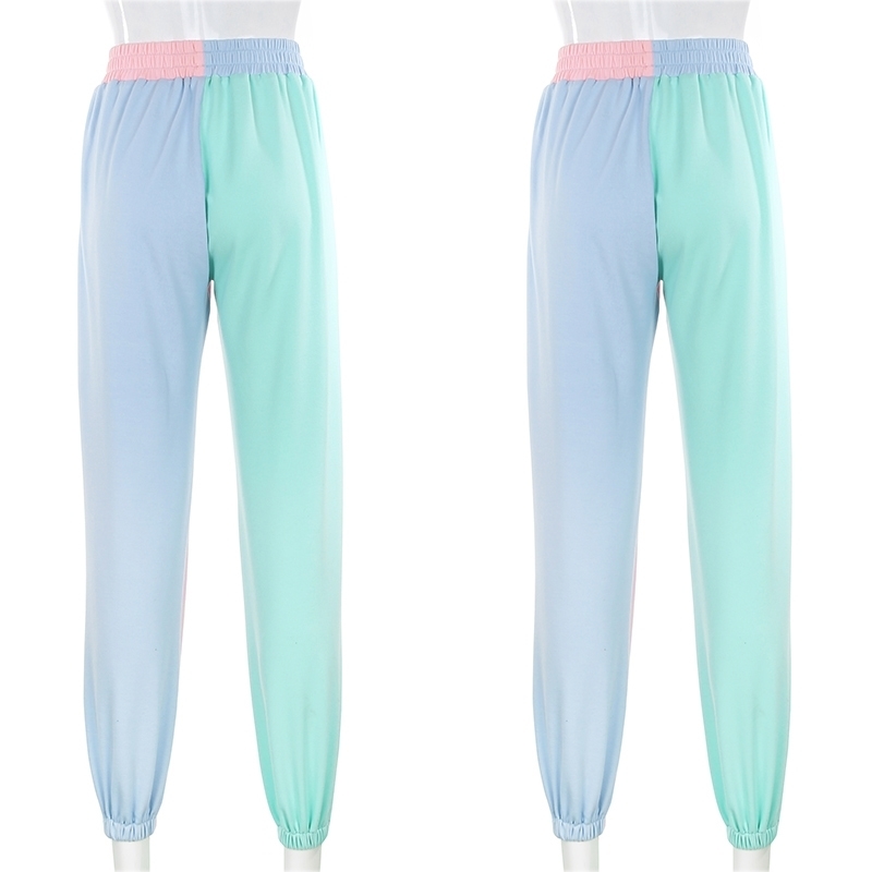 Contrast Color Baggy Women Losse Hight Jogger Sweatpants Casual Pink Blue Patchwork High Waist Trouser Female Hip Hop Streetwear LJ201130