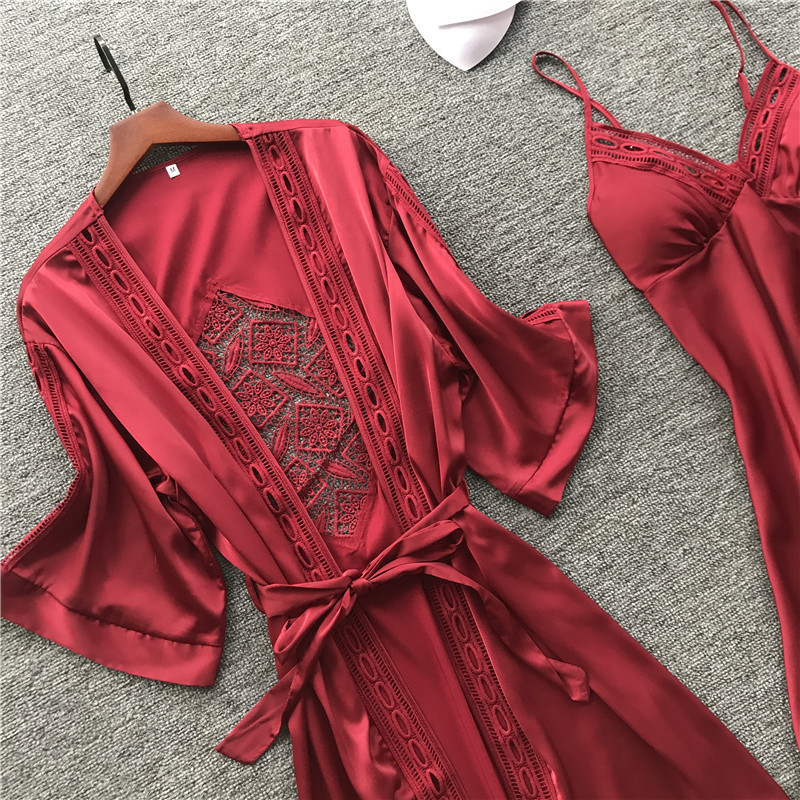 Sleep Lounge Pijamas Bathrobe Women Robe Gown Long Sleeve Ladies Nightwear Sets Sexy Lace Night Dress With Chest Pads 210203