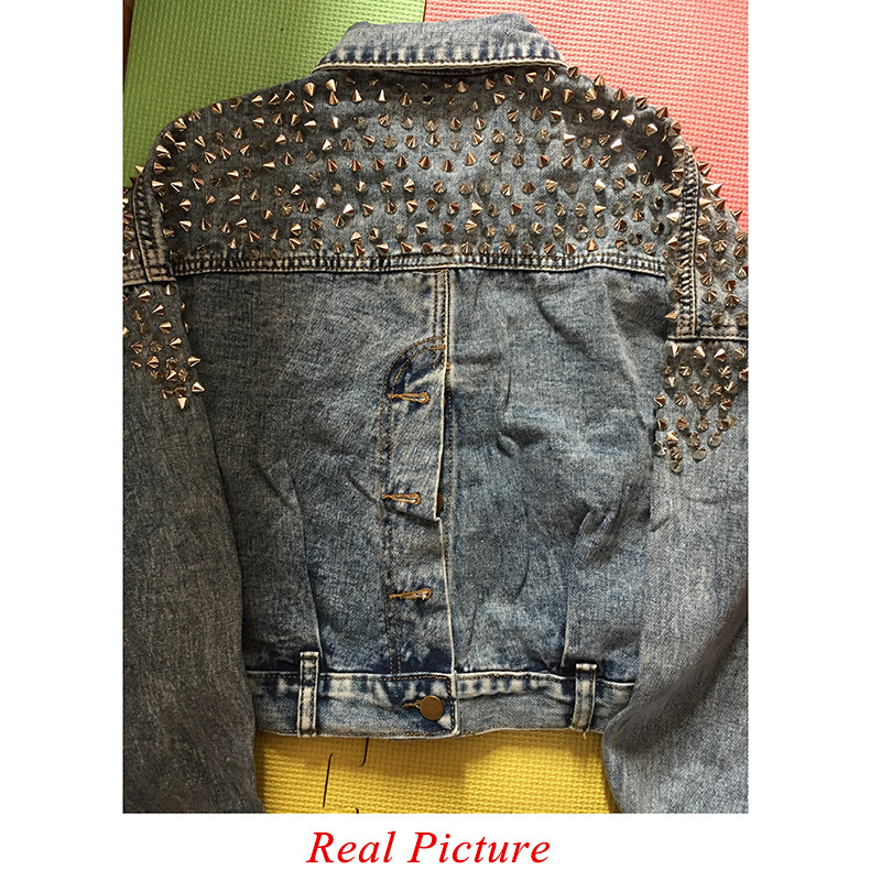 Retro Women's Denim Jacket With Rivet 2019 Spring Streetwear Long Sleeve Pockets Ladies Jean Jackets Loose Short Outwear Femme T200319