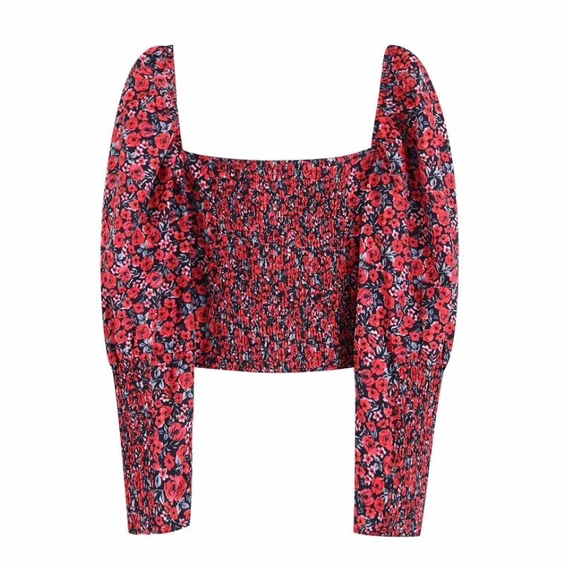 Flower Printingt Square Collar Women Slim Shirt Crop Tops Autumn Leisure Lady Puff Sleeve Blouse S6569 201201
