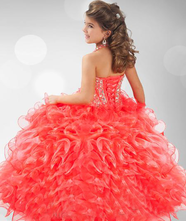 Coral Pagent Grils Halter Ball Gown Organza Crystal Beaded Little Dresses Sparkly Flower Girl's Dress Custom Made