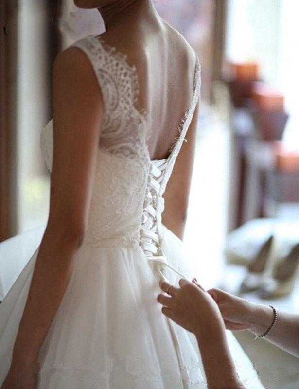 Skirt Vintage Tiered Dresses Lace Ribbon Scalloped V Neck Corset Back or Length Garden Wedding Bridal Gown Robes De Mariee