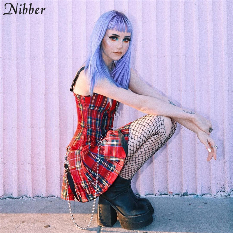 Nibber new women plaid red mini dress gothic style sling sleeveless dress spring Autumn New Fashion girl wild dress T200107