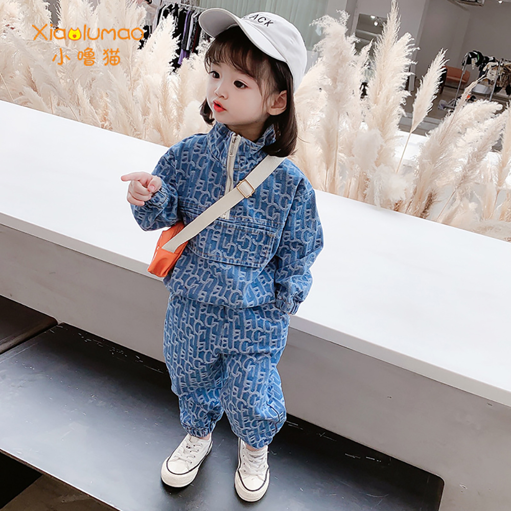 Kids Clothes Girls 2Pcs Jeans Suit Fashion Half Zipper&Packet Blue Letter Print Baby Set Long Sleeve Children's Costumes 3 To 8X1019