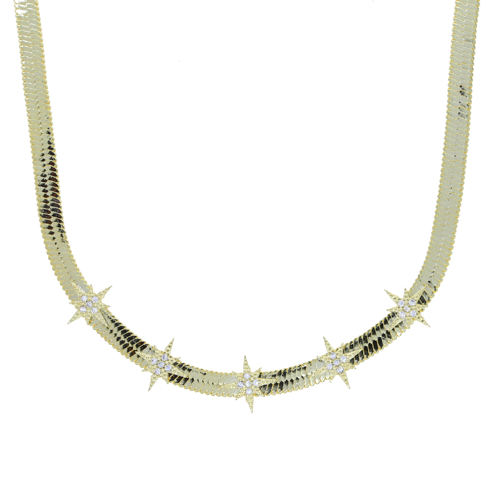 High Quality Gold Color European Women Collar Chains 5MM Width Herringbone Snake Chain CZ Star Starburst Charm Necklace