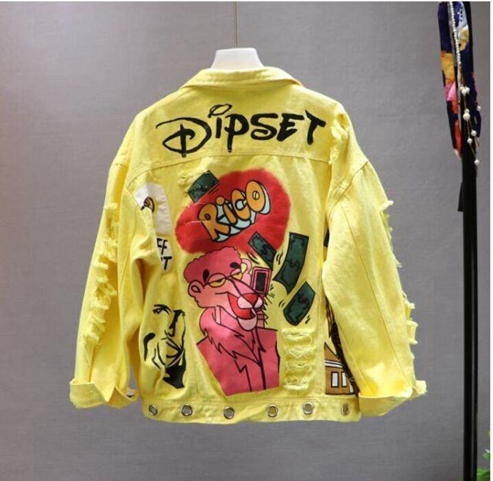 Red / Yellow Jeans Jacket Spring Autumn Womens Graffiti Alphabet Printing Lace Bow Pin Hole Denim Coat Student Basic Coat 201210