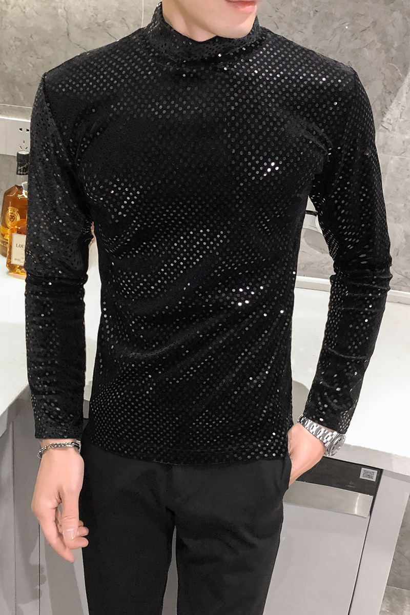 Fashion Autumn T-shirt Men Clothing Hot Sale Sequins T Shirts Mens Long Sleeve All Match Comfortable Knitted Turtleneck 5XL 201202