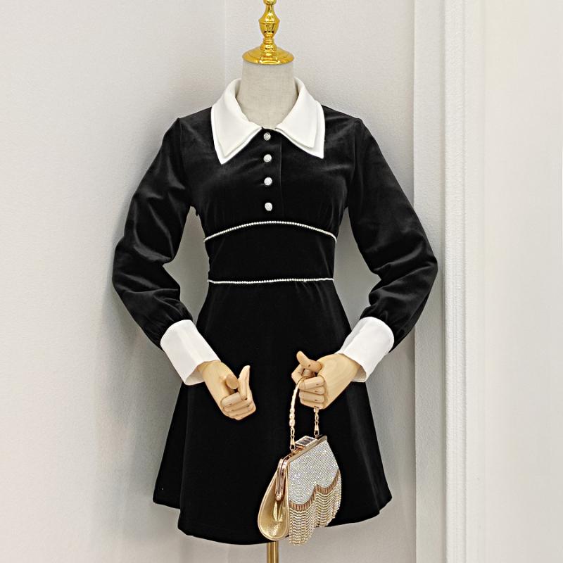 2021 temperament lapel contrast color gold velvet stitching diamond-studded waist slimming dress 1124, Black
2021 temperament lapel contrast color gold velvet stitching diamond-studded waist slimming dress 1124, Black