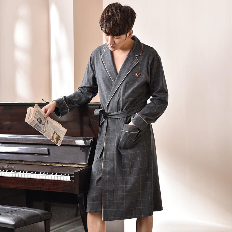 Spring Autumn Bathrobe Men 100% Cotton sleep top Kimono Robes For Male Plaid Robes Long Bath Robe Bride Robe Dressing Gown 201111