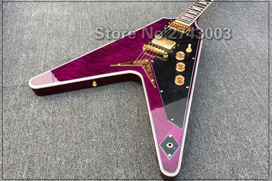 Custom Shop Trans Purple Flame Maple Top Flying V Electric Guitar Black Pickguard, String Thru Body Bridge, Gold Hardware
Custom Shop Trans Purple Flame Maple Top Flying V Electric Guitar Black Pickguard, String Thru Body Bridge, Gold Hardware