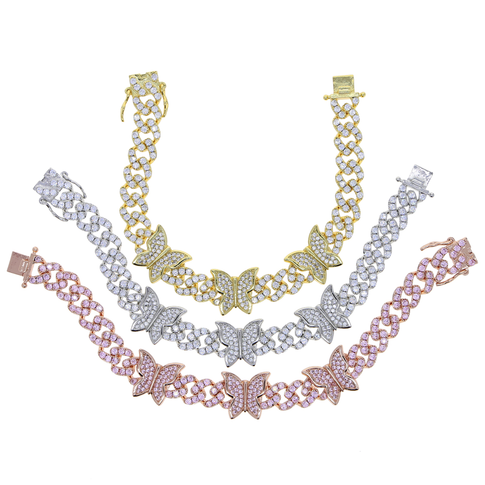 2024 Women Hip Hop Butterfly Charm Cuban Chain Bracelet Bangle with White Pink 5A cz Paved Gold Rose Gold Silver Color for Women Wedding