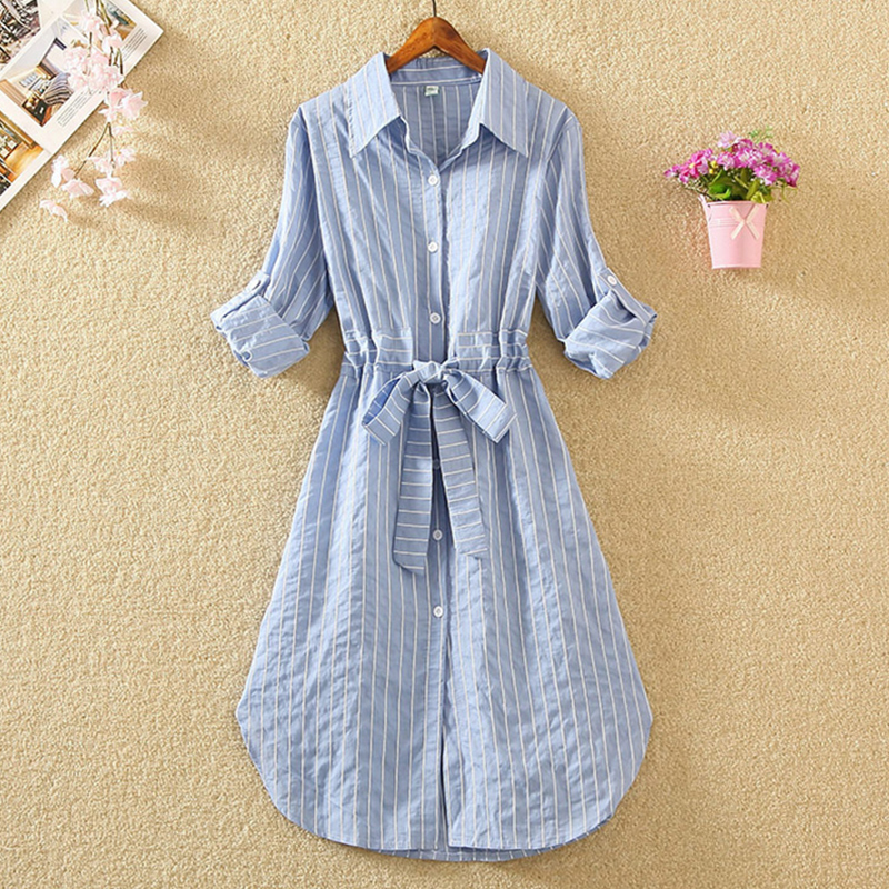 Striped Women Dress Tunic Long Sleeve Elegant Shirt Dress Blue White Black Spring Summer Ladies Casual Stripe Mini Dresses T200620