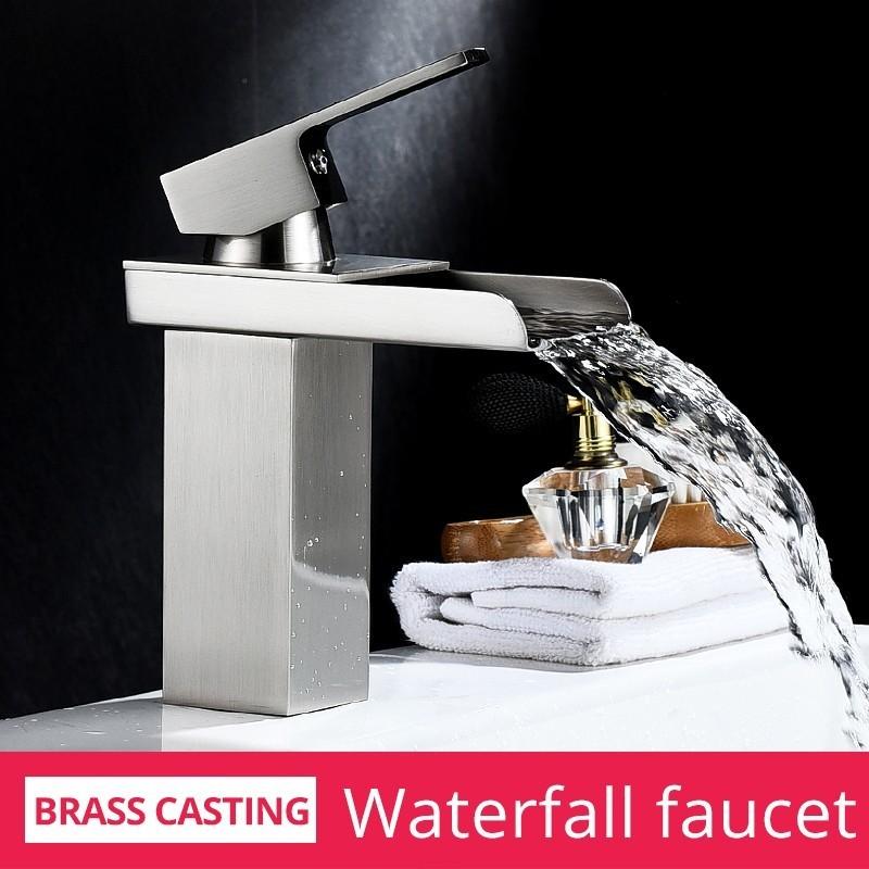 

Bathroom Basin Faucet Brass Vanity Vessel Sinks Washbasin Cold And Hot Water Mixer Tap Waterfall Deck Mount Chrome Single Handle