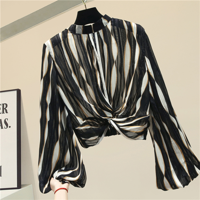 TWOTWINSTYLE Casual Striped Women Shirt Stand Collar Lantern Long Sleeve Loose Hit Color Blouse Female Fashion Clothing New 201126