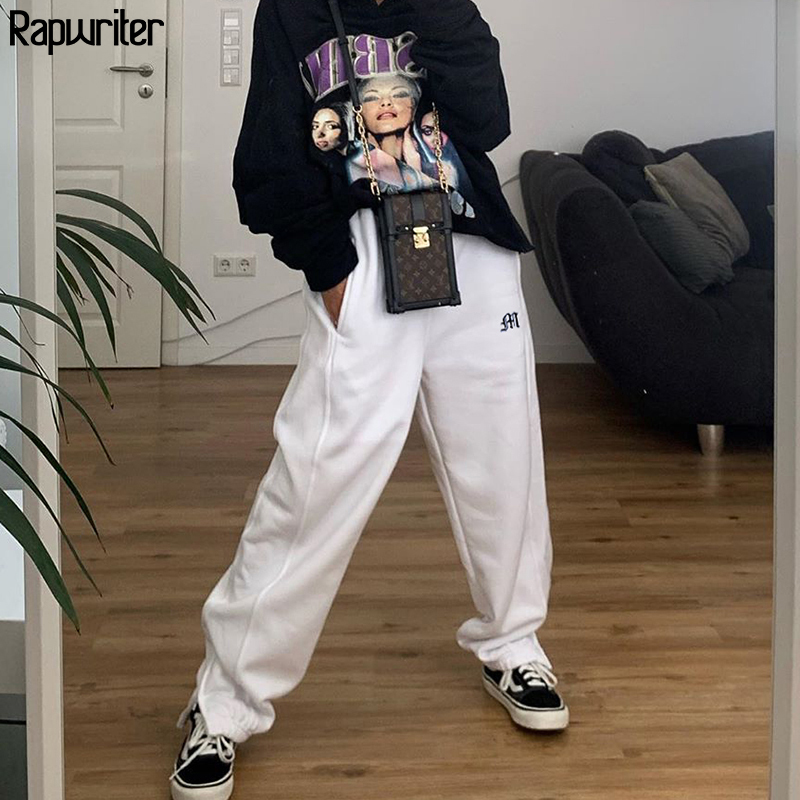 Streetwear Drawstring Embroidery Side Zipper White Sweatpants Joggers Women Harajuku Wide Trousers Hip Hop y2k Pants Capris 201112