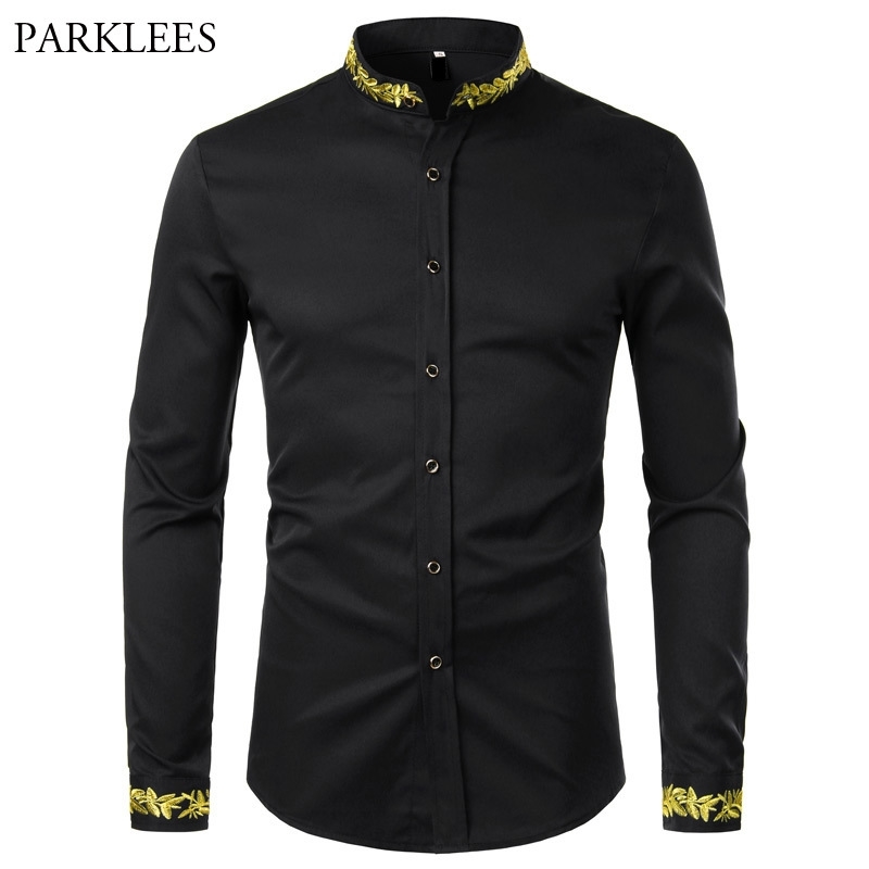 Black Gold Embroidery Shirt Men Spring New Mens Dress Shirts Stand Collar Button Up Shirts Chemise Homme Camisa Masculina 201120