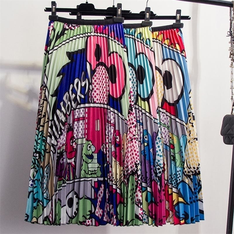 Cartoon Print Pleated Women Long Skirts High Waist A-Line Elastic Blue Pink Skirt For Ladies Summer Casual Female Bottoms Y200326 
Cartoon Print Pleated Women Long Skirts High Waist A-Line Elastic Blue Pink Skirt For Ladies Summer Casual Female Bottoms Y200326