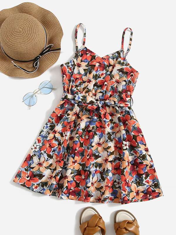 Girls Allover Floral Print Belted Cami Dress SHE