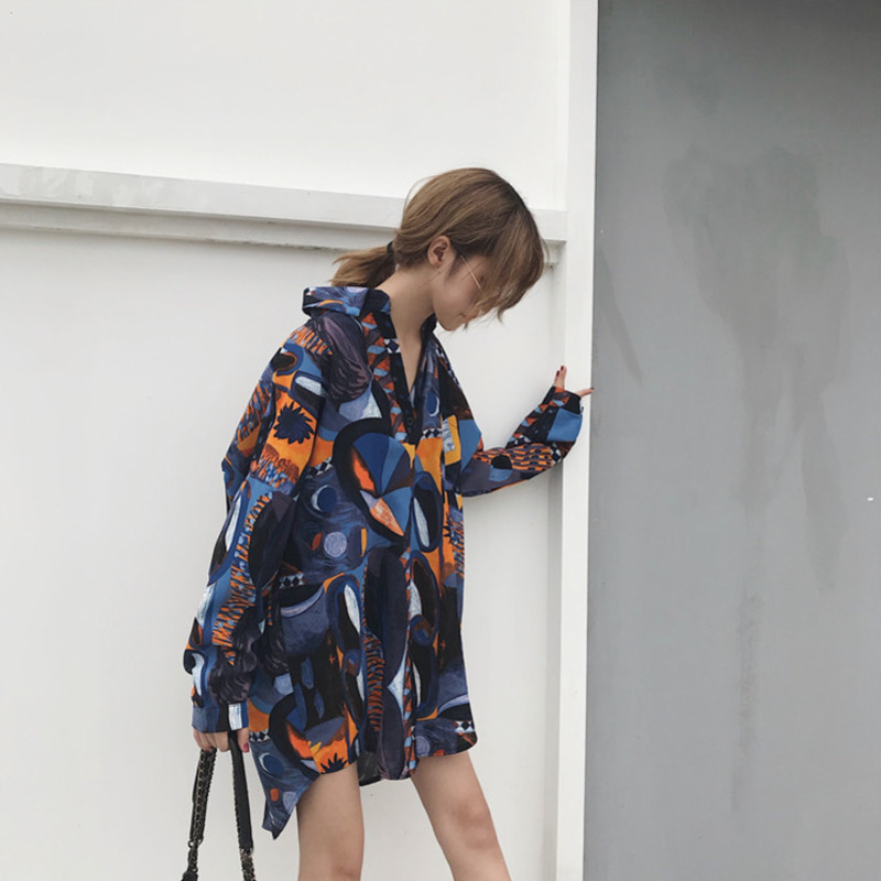 [DEAT] Spring New Fashion Turn Down Collar Loose Print Long Sleeve Printed Long Shirt Women's Blouse Famle Free Size WB024 201029