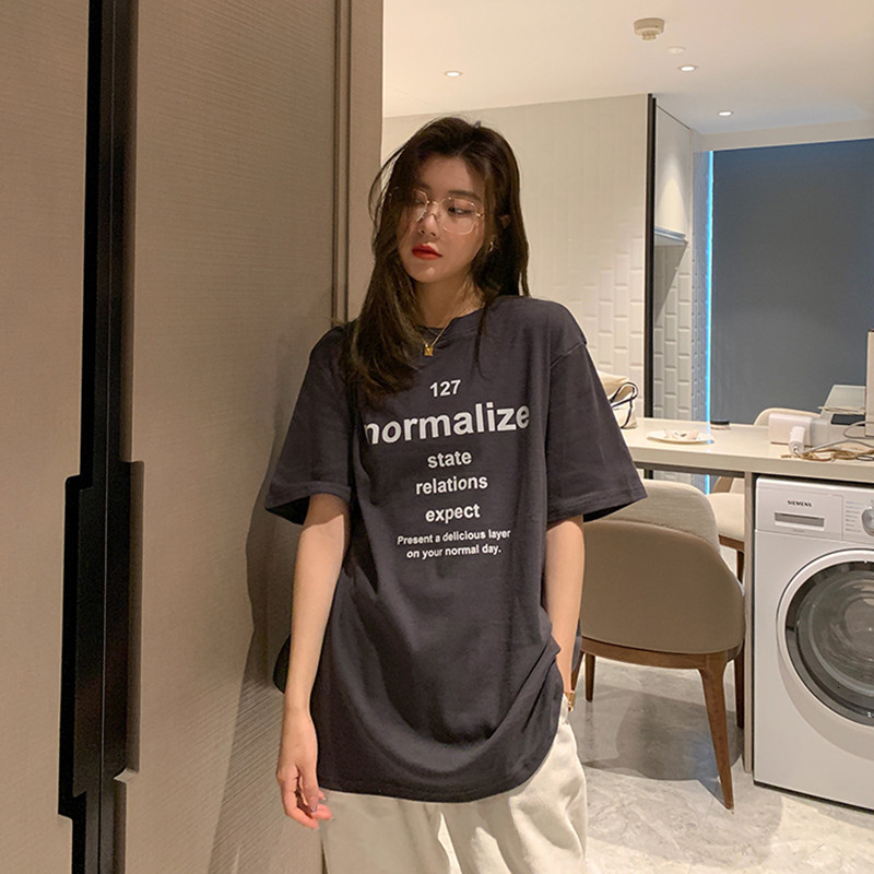 2021 New 3 colours summer of women topos Korean style letter printed loose sleeve women's t-shirts femme (f42) C86W, Navy blue
2021 New 3 colours summer of women topos Korean style letter printed loose sleeve women's t-shirts femme (f42) C86W, Navy blue