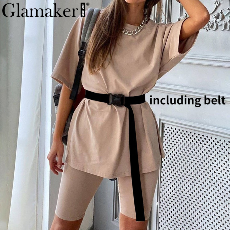 Glamaker Summer casual two piece set top and pants women sets short sleeve fashion loose outfits shorts suit 2020 female co ord T200603