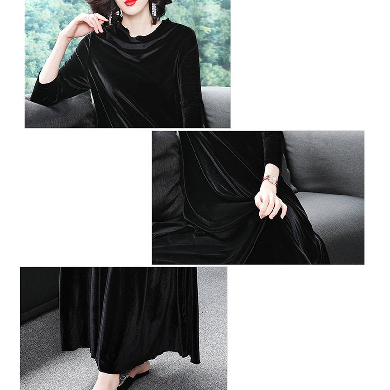 Velvet Dresses Middle Aged Women Winter Plus Size Casual Loose Long Sleeve Solid Color O-neck Maxi Vintage Vestidos T200911