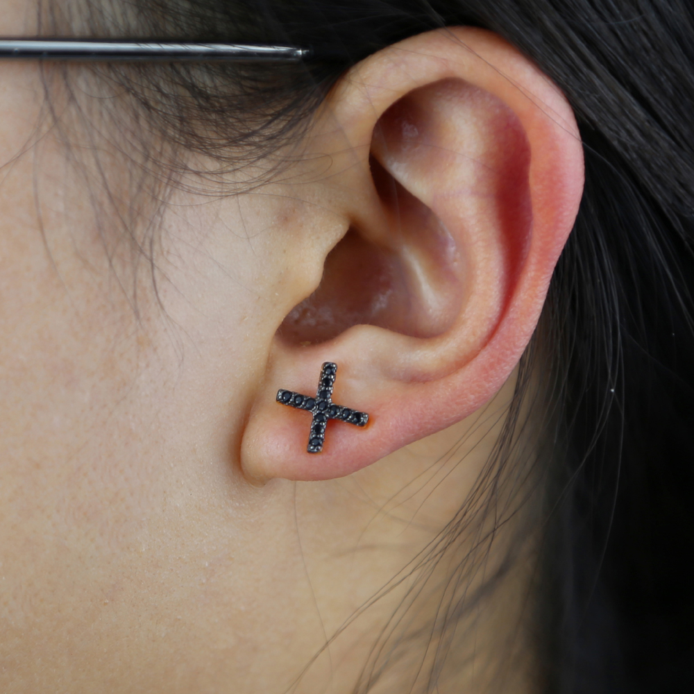 Delicate Rose Gold Color Classic Black Cz Paved X Cross Charm Stud Earring for Women Real 925 Sterling Silver Engagement Jewelry