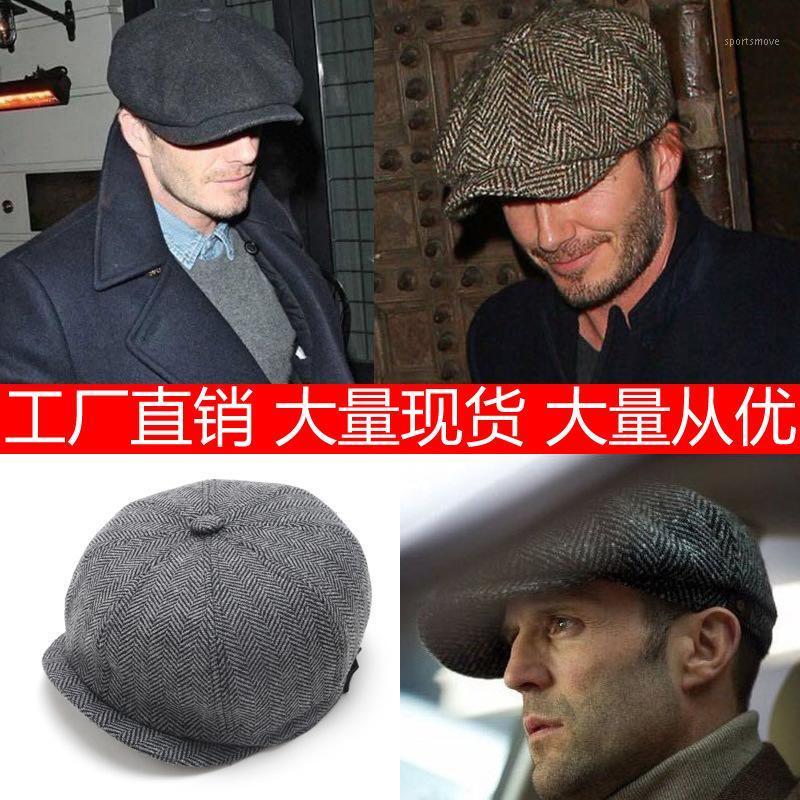 

octagonal hat newsboy cap for England in the fall and winter of retro men's plaid duck tongue beret octagonal cap1, Black