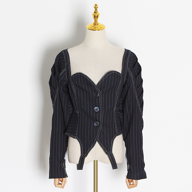 TWOTYLE Vintage Striped Coats For Women Square Collar Puff Long Sleeve Tunic Short Jackets Female Fashion Clothing 201017