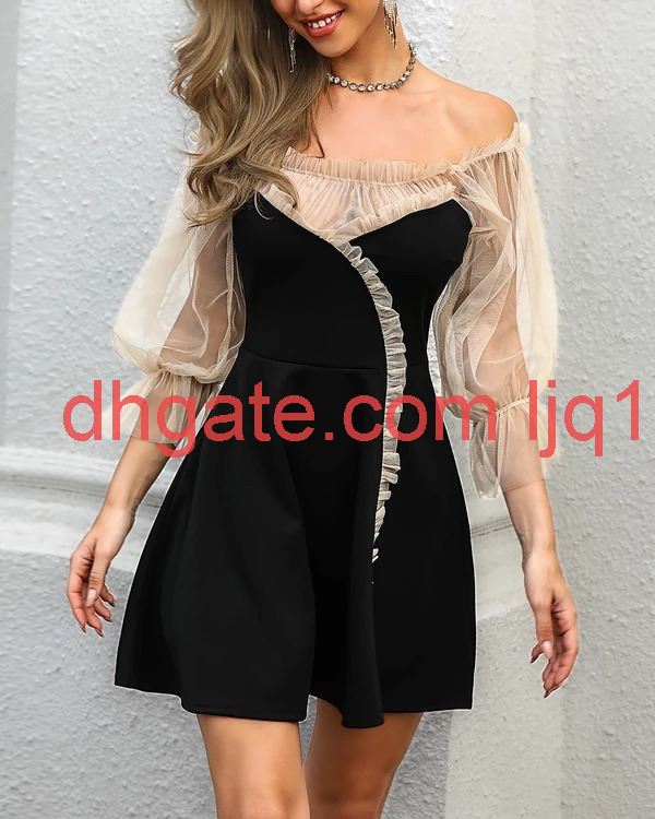 2020 spring new mesh stitching one line collar mesh stitching slim ladies dress, Black;gray
2020 spring new mesh stitching one line collar mesh stitching slim ladies dress, Black;gray