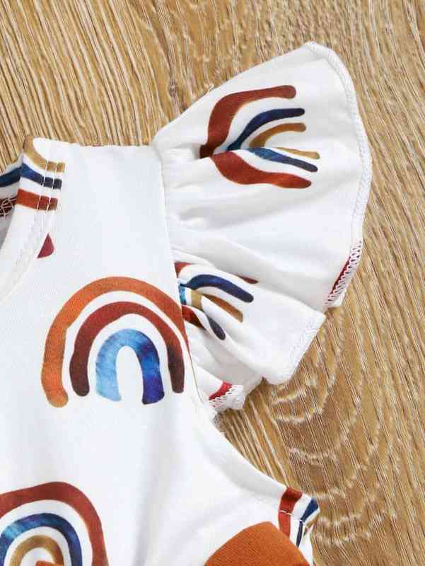 Baby Rainbow Print Ruffle Sleeve Bow Front Combo Bodysuit Dress SHE