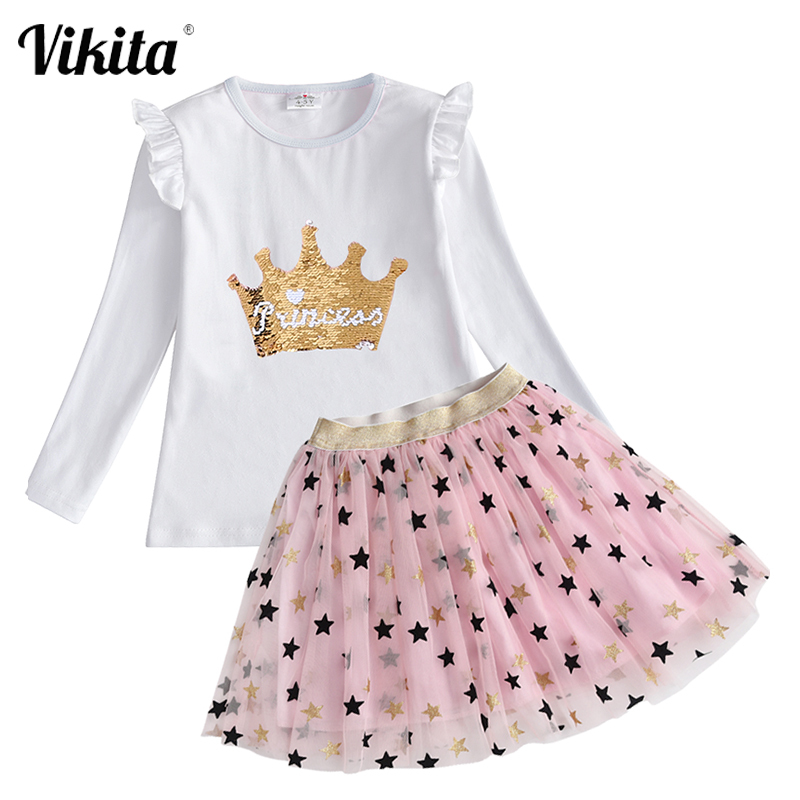 VIKITA Girls Autumn Clothing Children Cotton Long Sleeve T Shirt Tops and Princess Tutu Layerd Skirts Kids Girls Clothing SetsX1019