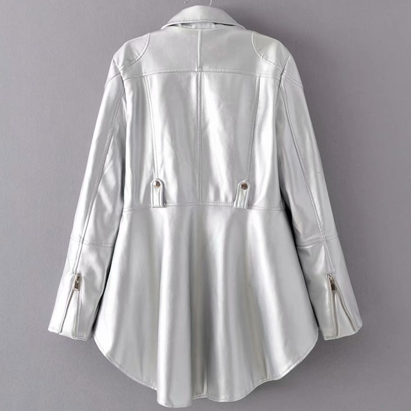 TWOTWINSTYLE Spring Woman Solid Color Long Sleeve Turn-down Collar Zippers Irregular Hem Loose PU Coat Jacket Fashion New 201023