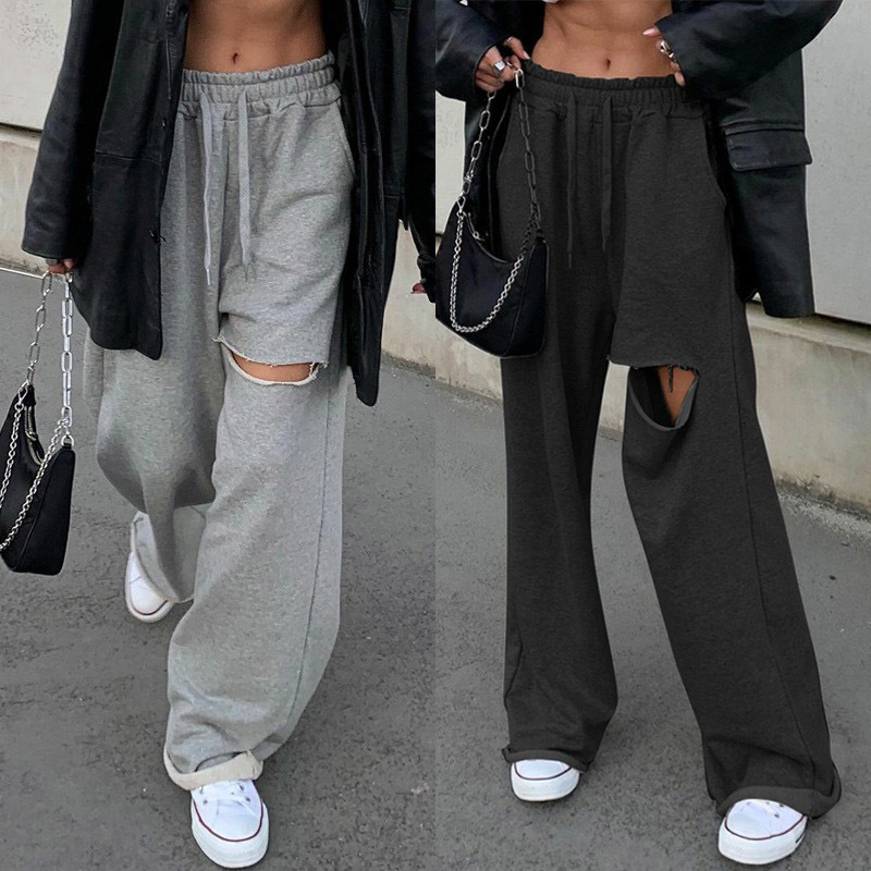Punk Wide Leg Pants Women Casual Loose Streetwear Outfits Hole High Waist Hip Hop Women Sweatpants Casual Pants Black Gray 201106