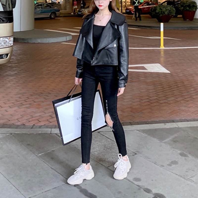 Women Outwear Jacket Pocket Beige Black Pu Faux Leather Notch Collar Moto Mobike Solid C0258 201030