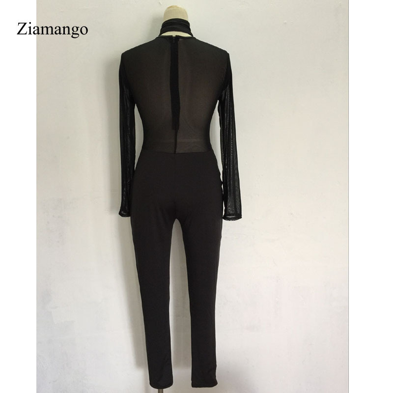 Skinny Sexy Women Jumpsuit Black Fashion Mesh Patchwork Halter Long Sleeve Tight Bodycon Jumpsuit Romper Overalls For Women 2640 T200509