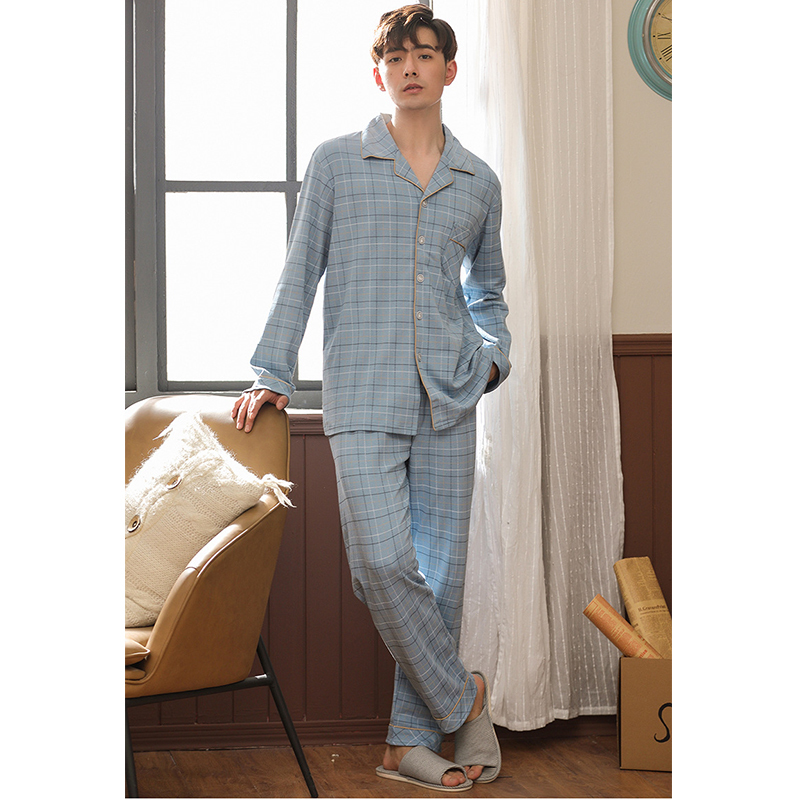 AIPEACE 2 Pieces Cotton Men's Pajamas Set Casual Striped Long Sleeve Lapel Collar Sleepwear Spring Summer Homewear Nightwear 201111