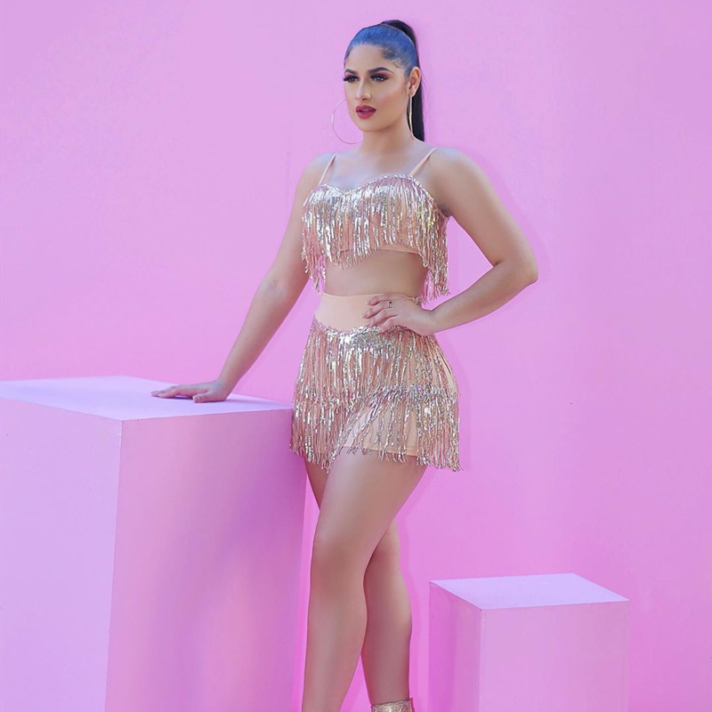 ANJAMANOR Sexy Club Two Piece Set Sequin Fringe Glitter Beach Party Outfits 2 Pcs Set Women Skirt Crop Top Matching Sets D47AG92 T200623
