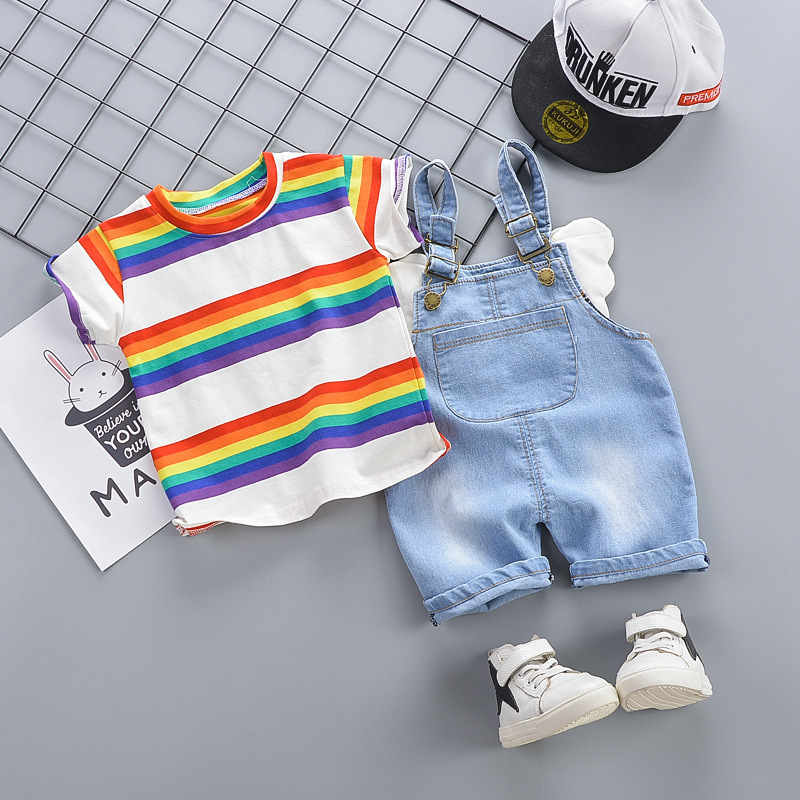 New Toddler Baby Boys Girls Clothing Sets 2Pcs T-shirts+Wing Overalls Rainbow Print Children's T shirt Clothes Fashion Kids SetsX1019
