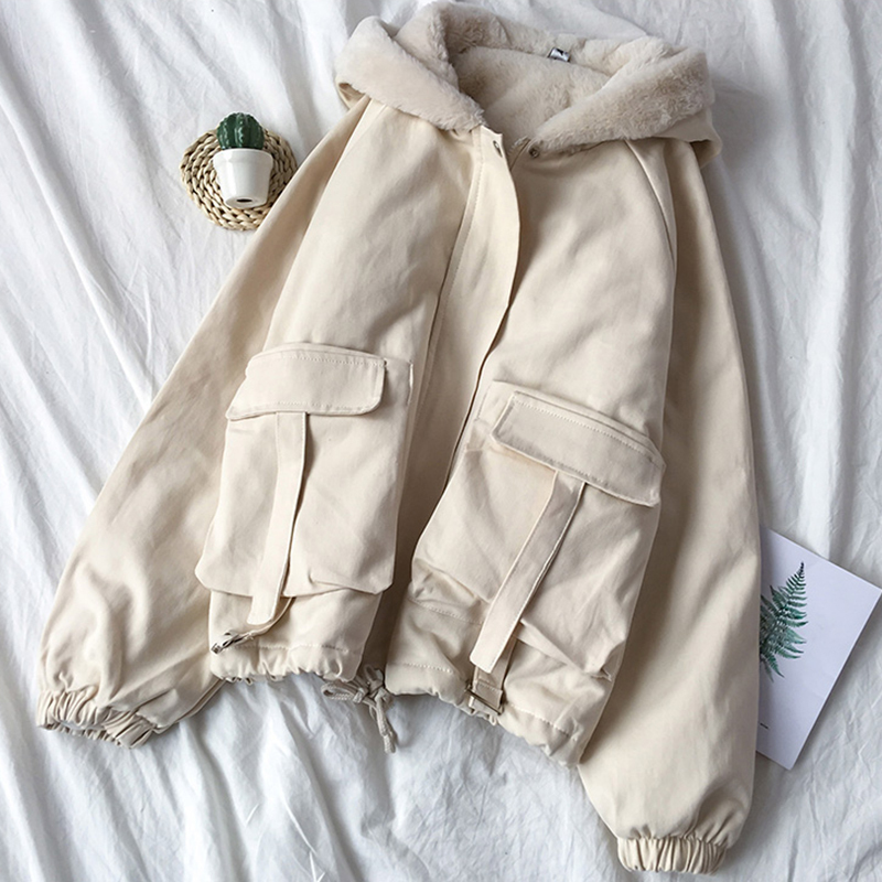 Winter Female Jacket Hooded Warm Down Parka Cotton Coat Women Padded Jacket Wool Women Clothing Big Pocket Parkas Women Outwear 201017